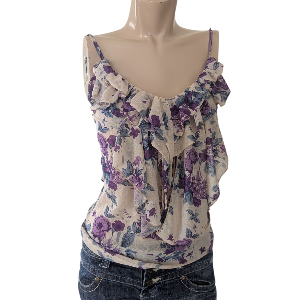 Purple and Cream Ruffled Tie Front Camisole